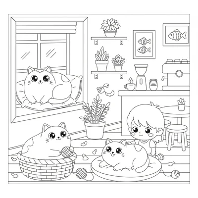 A kawaii cat cafe scene with three round cats lounging in different spots, one coloring page