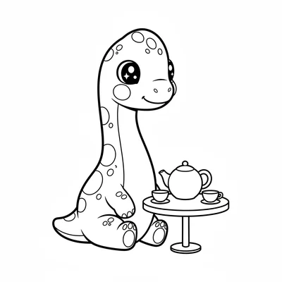 A kawaii chibi Brachiosaurus at a tea party, its long neck curved down toward a… coloring page