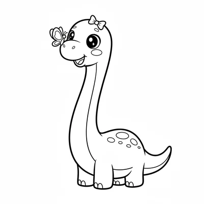 A kawaii chibi Brachiosaurus wearing a tiny bow on the top of its head, its lon… coloring page