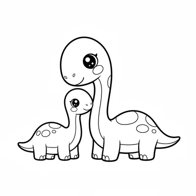 A kawaii chibi Brachiosaurus with its long neck bent down to nuzzle a tiny baby… coloring page