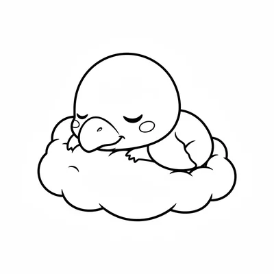 A kawaii chibi Pteranodon sleeping on a fluffy round cloud, its wings folded li… coloring page