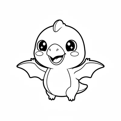 A kawaii chibi Pteranodon with an oversized round head, a short stubby beak, a… coloring page