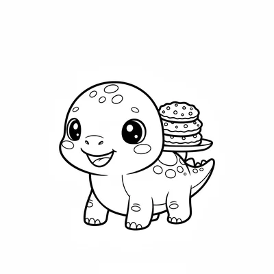 A kawaii chibi Stegosaurus happily carrying a small stack of round cookies on i… coloring page