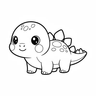 A kawaii chibi Stegosaurus with an oversized round head, huge sparkling eyes, p… coloring page