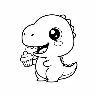 A kawaii chibi T-Rex holding a tiny cupcake in its small two-fingered hand, its… coloring page