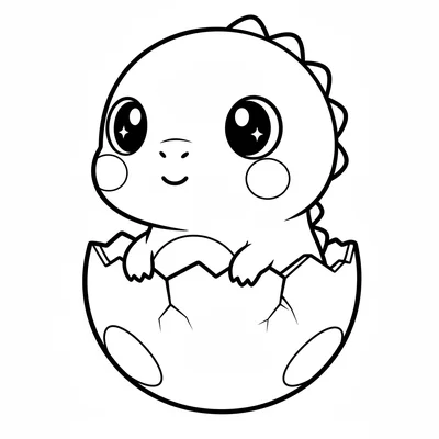 A kawaii chibi T-Rex sitting inside a large cracked egg shell like a bathtub, i… coloring page