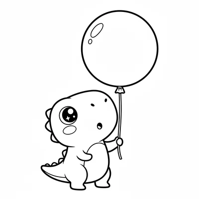 A kawaii chibi T-Rex trying to hold a big round balloon with its tiny arms, the… coloring page