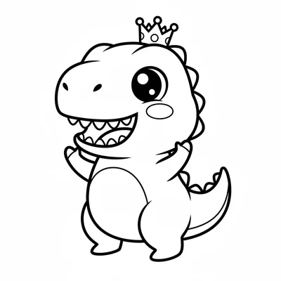 A kawaii chibi T-Rex wearing a tiny crown tilted on its oversized head, huge sp… coloring page