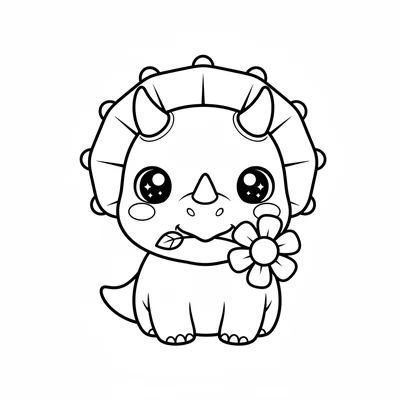 A kawaii chibi Triceratops holding a single large flower in its mouth, its over… coloring page