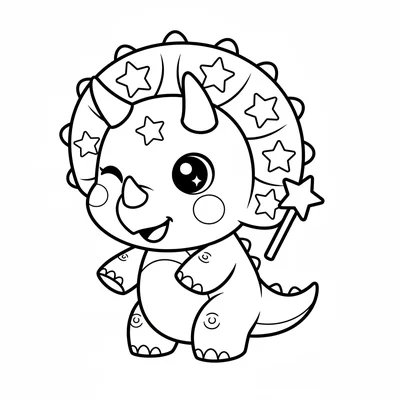 A kawaii chibi Triceratops holding a star wand in one small foot, its oversized… coloring page