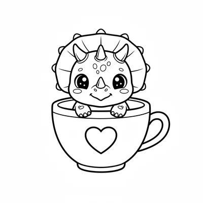 A kawaii chibi Triceratops sitting in a large round teacup, its oversized head… coloring page