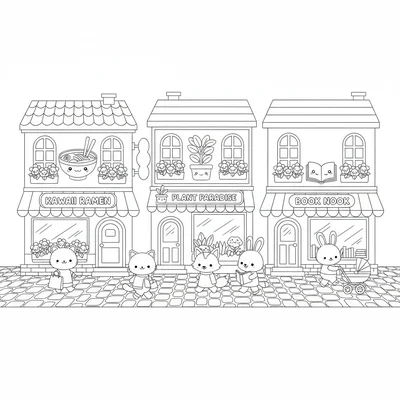 A kawaii city block showing a street lined with three or four small shop coloring page