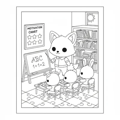 A kawaii classroom scene with a chibi fox teacher writing on a small coloring page