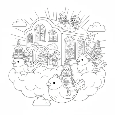 A kawaii cloud cake bakery in the sky, the bakery itself floating on a large coloring page
