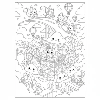 A kawaii cloud city post office sorting center with winged coloring page
