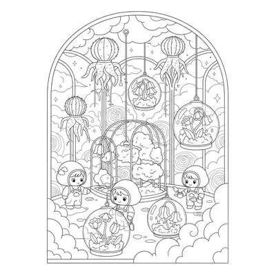 A kawaii cloud conservatory for rare sky plants, floating coloring page