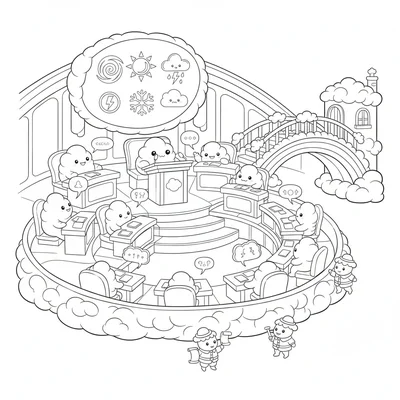 A kawaii cloud kingdom parliament where cloud beings debate coloring page