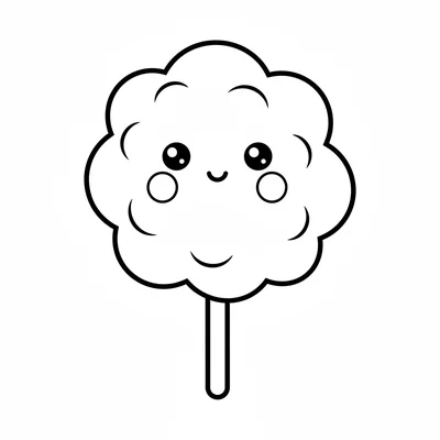 A kawaii cloud of cotton candy on a stick, its big fluffy round pink cloud body coloring page