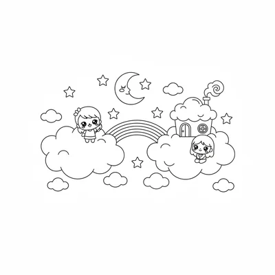 A kawaii cloud world where chibi characters live on fluffy cloud islands, two coloring page