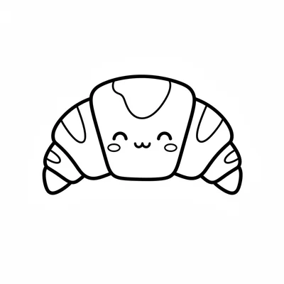 A kawaii croissant with a gentle crescent face on its golden surface, two coloring page