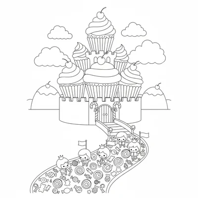 A kawaii cupcake kingdom with a castle made of giant cupcake towers, frosting coloring page