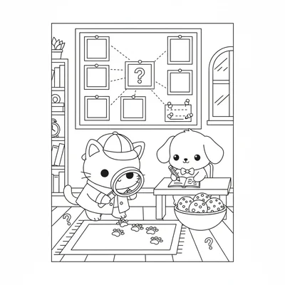 A kawaii detective scene with a chibi cat in a tiny deerstalker hat examining coloring page