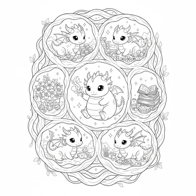A kawaii dragon nursery with five baby dragons of different coloring page