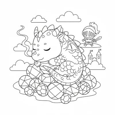 A kawaii dragon sleeping atop a pile of round colorful gemstone eggs, its round coloring page