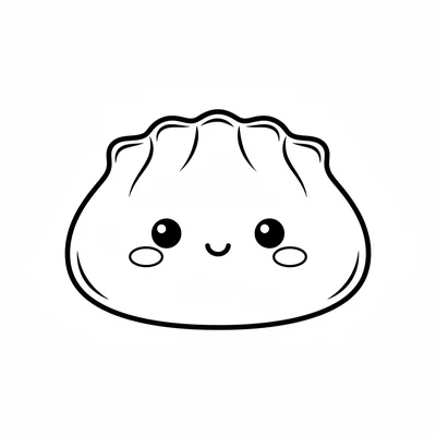 A kawaii dumpling with a round pleated top and a soft body slightly flattened coloring page