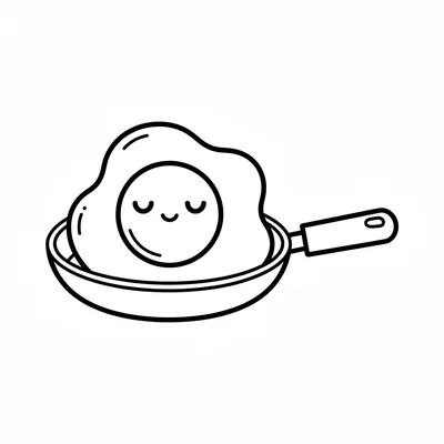 A kawaii egg in a frying pan, the round white egg white showing a peaceful coloring page