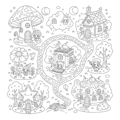 A kawaii enchanted cottage village map view showing six coloring page