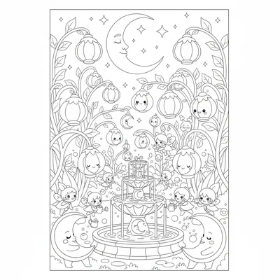 A kawaii enchanted garden night scene with glowing flower lanterns on every coloring page