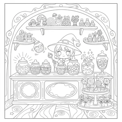 A kawaii enchanted sweet shop with rows of jars of magical candy each coloring page