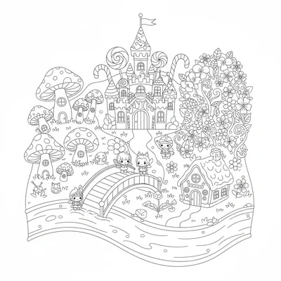 A kawaii fairy tale kingdom bird's-eye view showing a candy castle coloring page