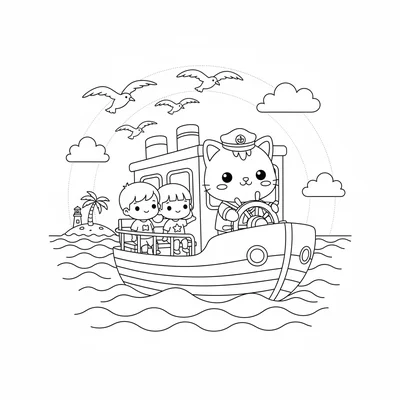 A kawaii ferry boat ride with a chibi cat captain steering a round-nosed boat coloring page