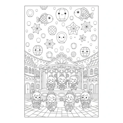 A kawaii festival of lights town square with paper lanterns of every shape coloring page