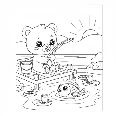 A kawaii fishing day with a chibi bear sitting on a dock with a small fishing coloring page