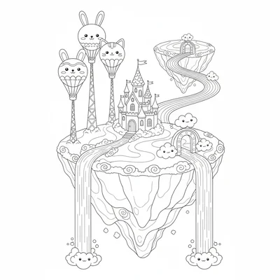 A kawaii floating sky island kingdom with a small castle on its mossy surface coloring page