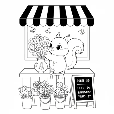 A kawaii flower shop scene with a chibi squirrel arranging a bouquet in a vase coloring page