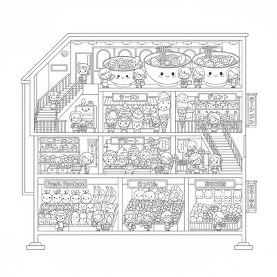 A kawaii food market cross-section of a multi-story indoor market hall, each coloring page