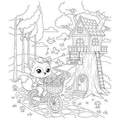 A kawaii forest bakery delivery with a chibi fox on a bicycle with a basket coloring page