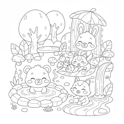 A kawaii forest spa where chibi animals are relaxing, a bear in a hot spring coloring page