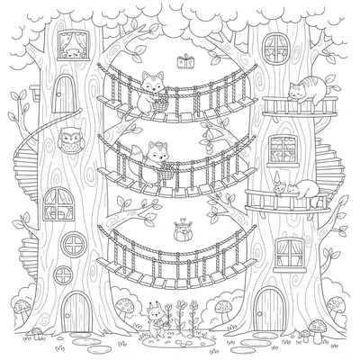 A kawaii forest village where every tree is hollow and serves as a home coloring page