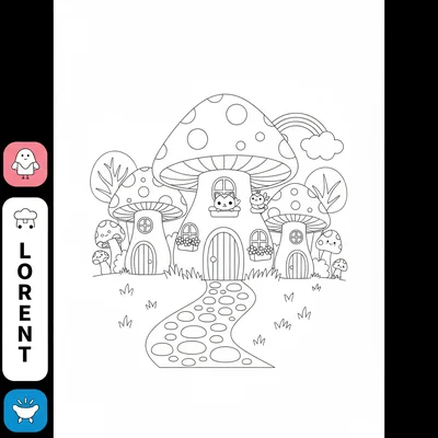 A kawaii forest with mushroom houses, each mushroom building with a round coloring page