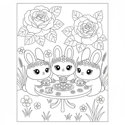 A kawaii garden party with three chibi bunny characters seated coloring page