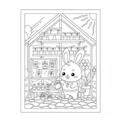 A kawaii greenhouse scene with a chibi rabbit watering tiny potted plants coloring page