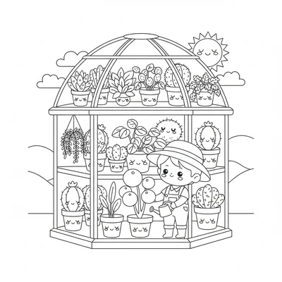 A kawaii greenhouse with plants that each have little sleeping faces, a chibi coloring page