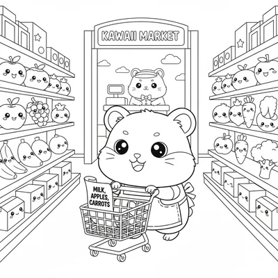A kawaii grocery store scene with a chibi hamster pushing a tiny cart down coloring page