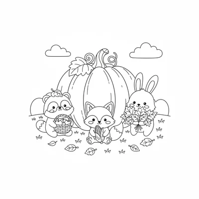 A kawaii harvest festival scene with chibi animals gathered around a giant coloring page