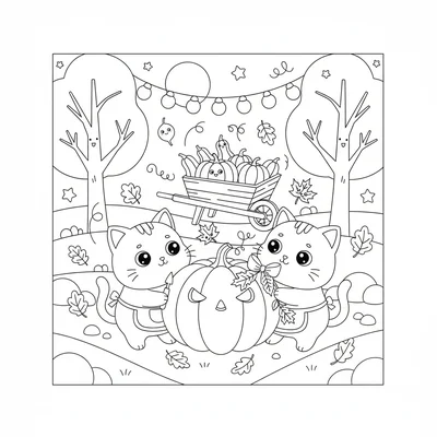 A kawaii harvest festival with two chibi cats decorating a pumpkin together coloring page